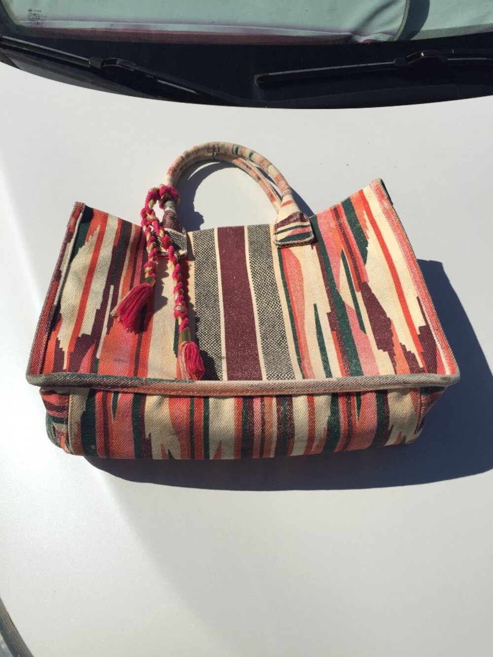 Vince Camuto Orla Tote Oversized Canvas Bag Boho Sunset Stripe Tassel Weekender